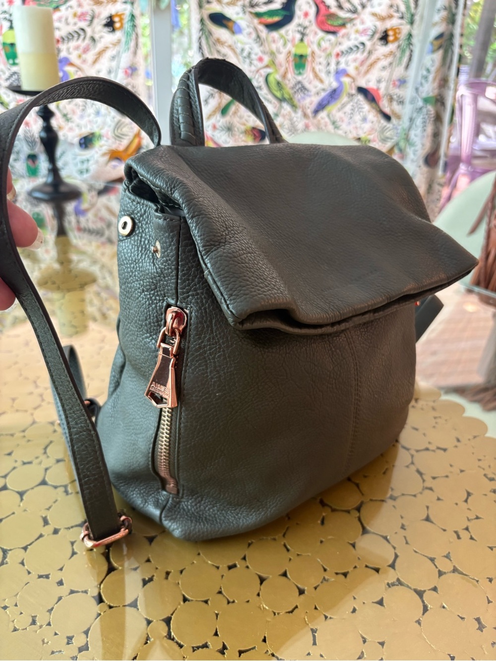 AIMEE KESTENBERG Dark Green BALI Leather Backpack! Rose Gold tone Hardware!